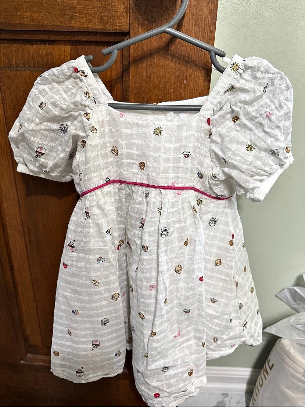 Girls' White Printed Puff Sleeve Dress